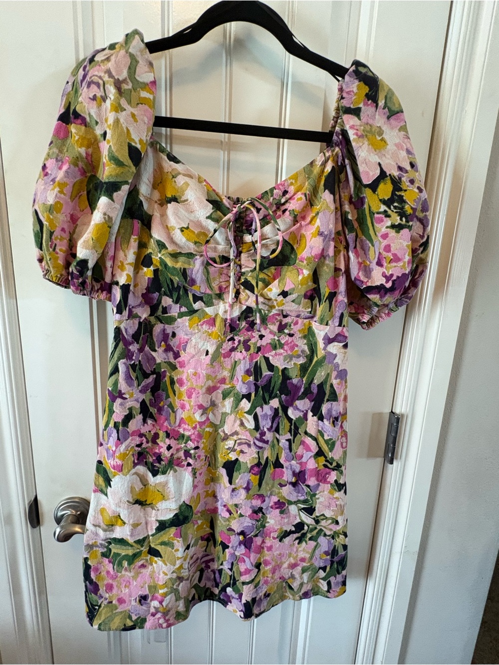 H&M Pink and Purple Floral Puff-Sleeve Mini Dress